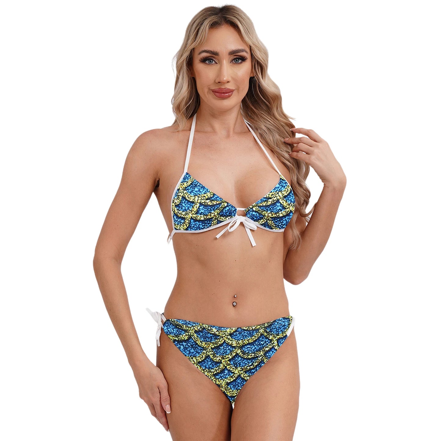 Women's Mermaid Print Swimsuit Bikini Bathing Suit Halter Sponge Pad Bra and Drawstring Briefs Beach Pool Surfing Swimwear - The Clothing Company Sydney