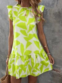 Lotus Leaf Print Ruffle Sleeve Short Dress - The Clothing Company Sydney