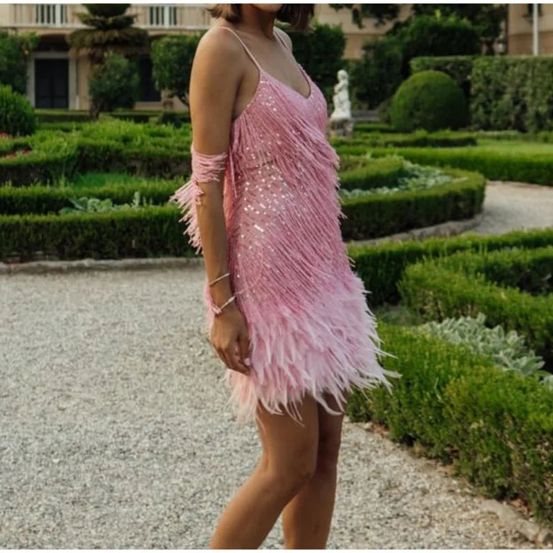 Tassel Sequins Feather Mini Dress Women's Spaghetti Strap Stitching Elegant Evening Party Club Dress - The Clothing Company Sydney