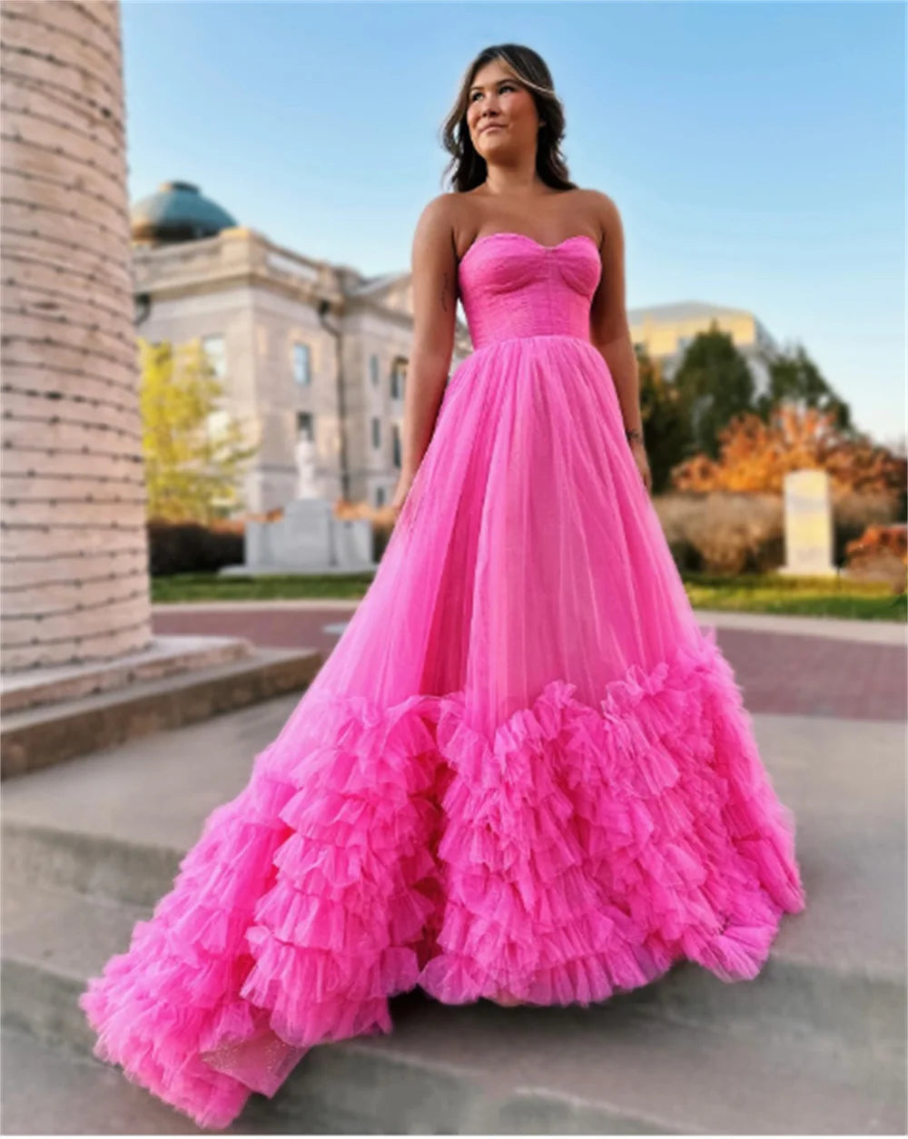 Strapless Hot Pink Evening Dress Princess Puffy A-line Party Dress Tulle Sweep Tail Multi layer Dress The Clothing Company Sydney