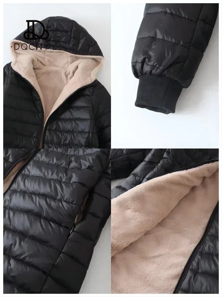 Women's Jacket Winter Mid Length Hooded Fit Plus Fleece Cotton Padded Coat Warm Lamb Fleece Parkas Winter Jackets - The Clothing Company Sydney