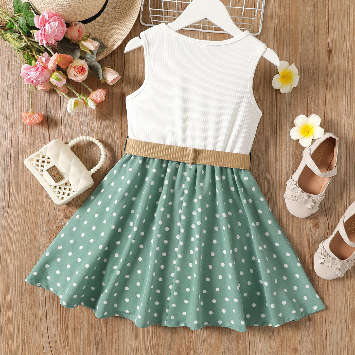 2 Piece Girl Dresses Kids Clothes Girl Polka Dots Ribbed Girls Splice Sleeveless Dress & Belt The Clothing Company Sydney