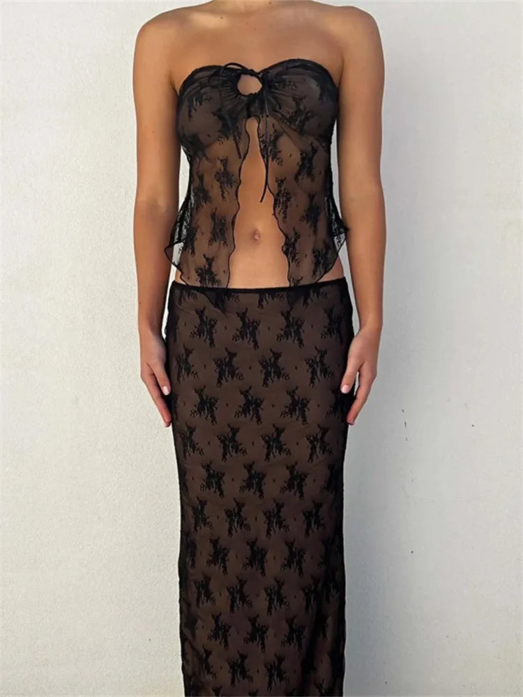 2 Piece Set Women Lace Bustiers Strapless Off Shoulder Tube Tops Party Club Mesh See Through Tank Low Waist Long Skirts The Clothing Company Sydney