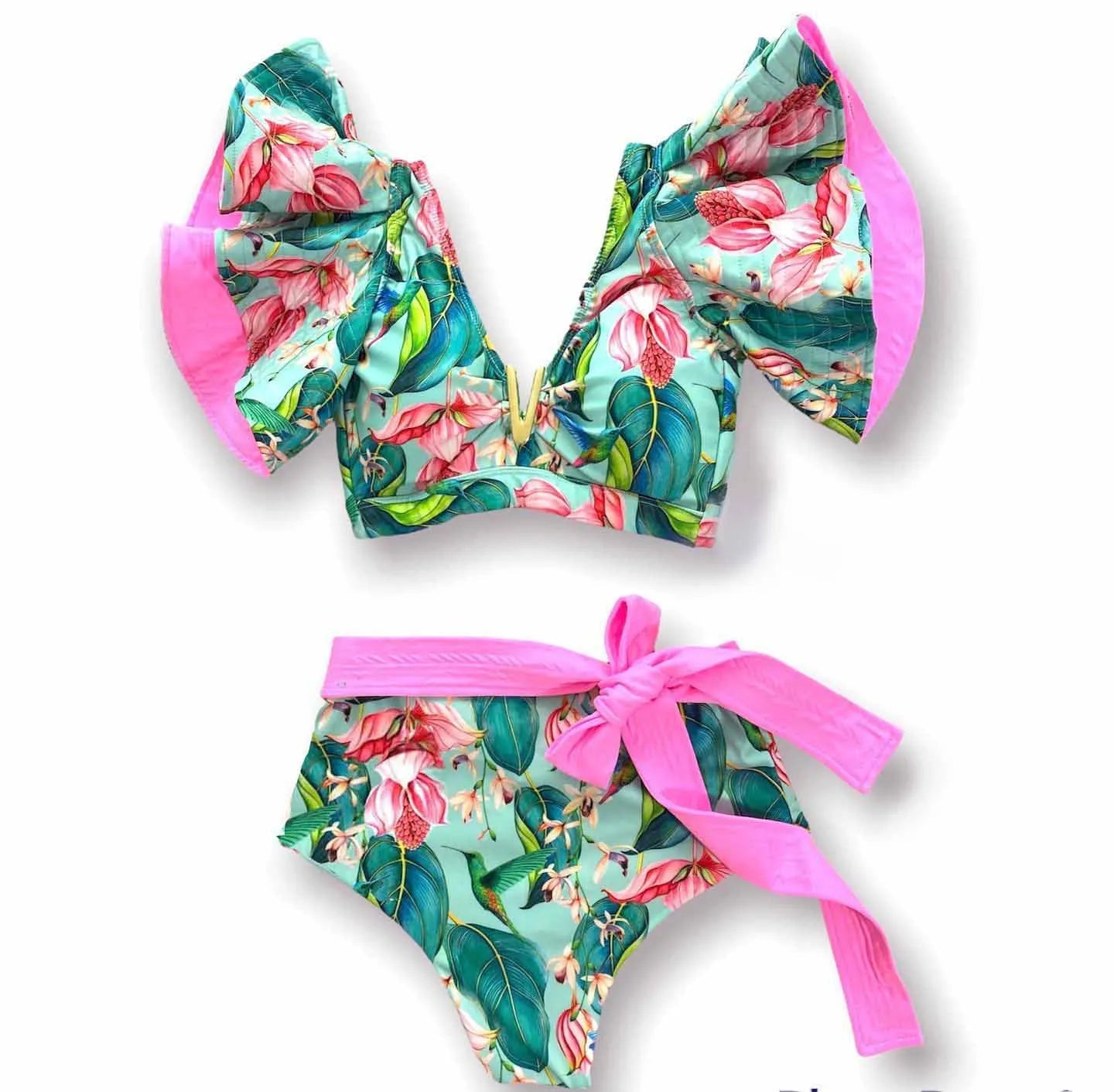 V-Neck High Waist Bikini Sets Shoulder Ruffled Printed Swimsuit Two Piece Swimwear Bathing Suits The Clothing Company Sydney
