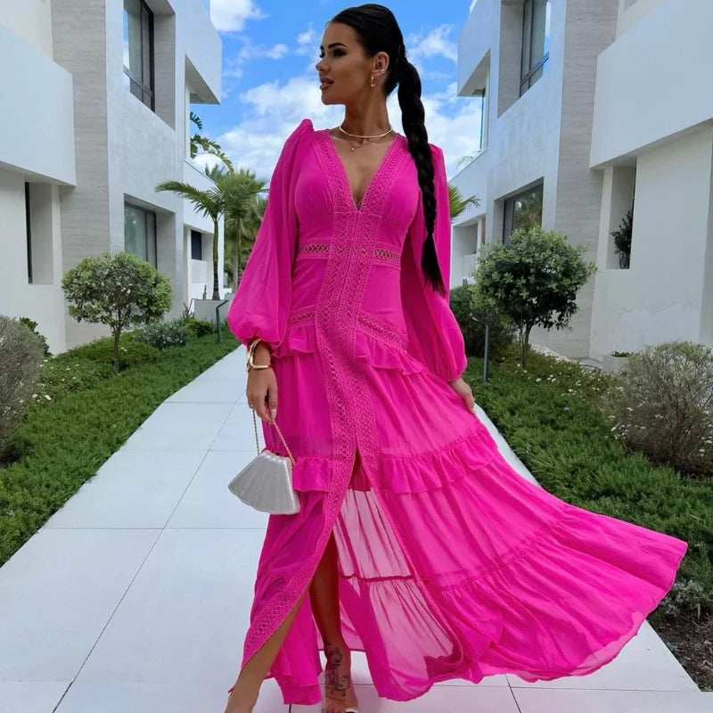 Women V-neck Lantern Long Sleeves Maxi Dress Elegant Patchwork Ruffles Hollow Lace Slim  Summer Dress - The Clothing Company Sydney