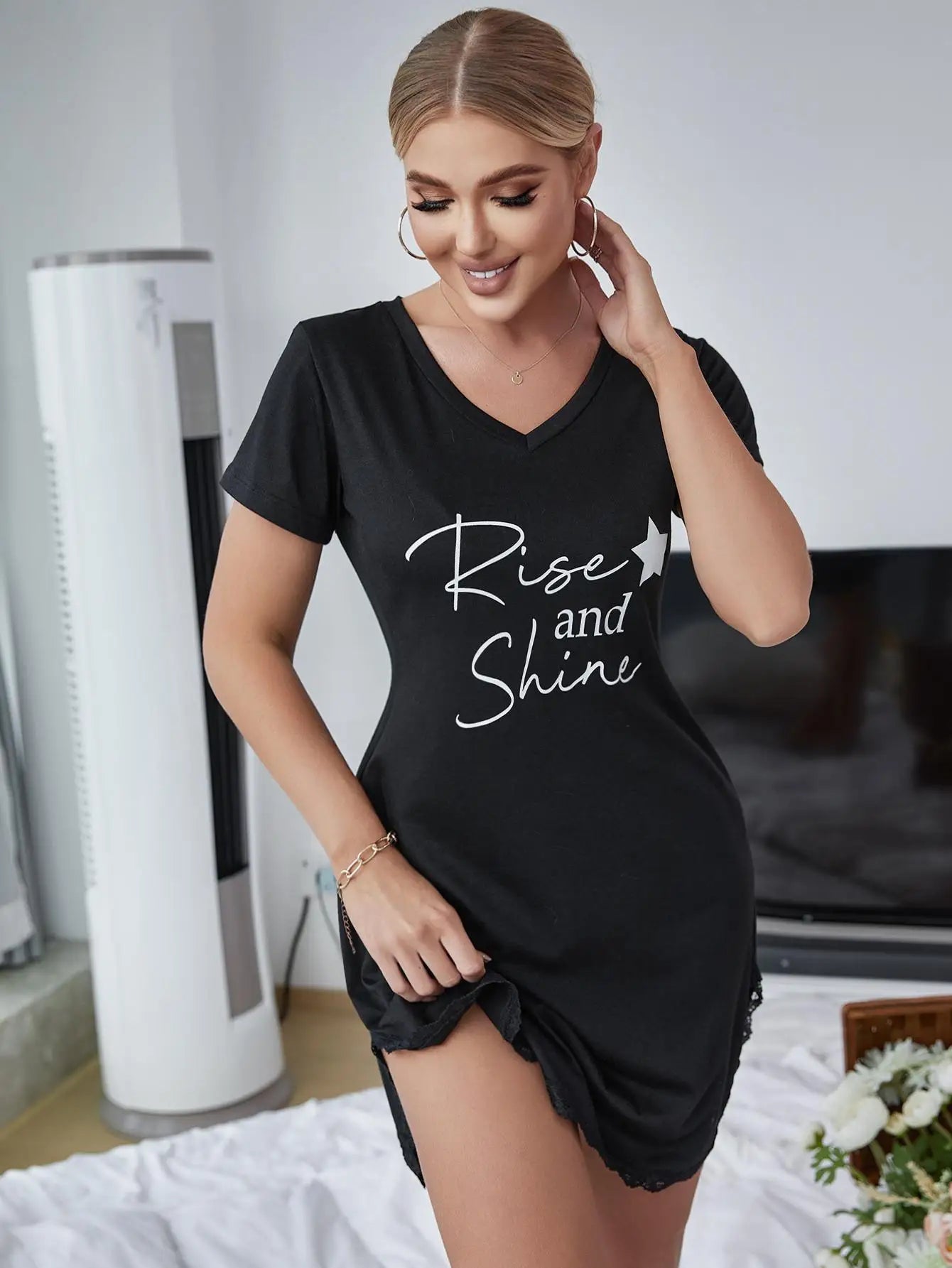 Summer Sleepwear Women Lace Hem Nightdress V-neck Short Sleeve Pajamas Nighties Nightgown Nightwear Side Split Skirt - The Clothing Company Sydney