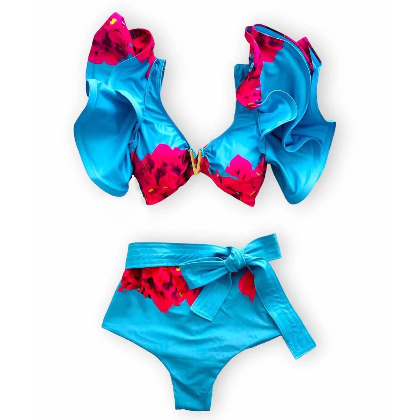 V-Neck High Waist Bikini Sets Shoulder Ruffled Printed Swimsuit Two Piece Swimwear Bathing Suits The Clothing Company Sydney