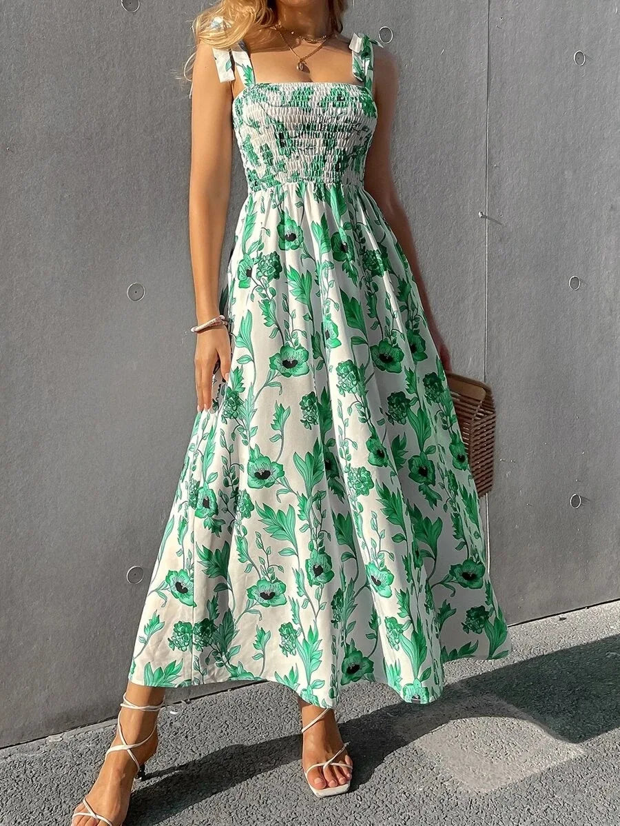 Floral Long Dress Women's Backless Sleeveless Bandage Beach Sundress Casual Green Summer Ladies Dresses - The Clothing Company Sydney