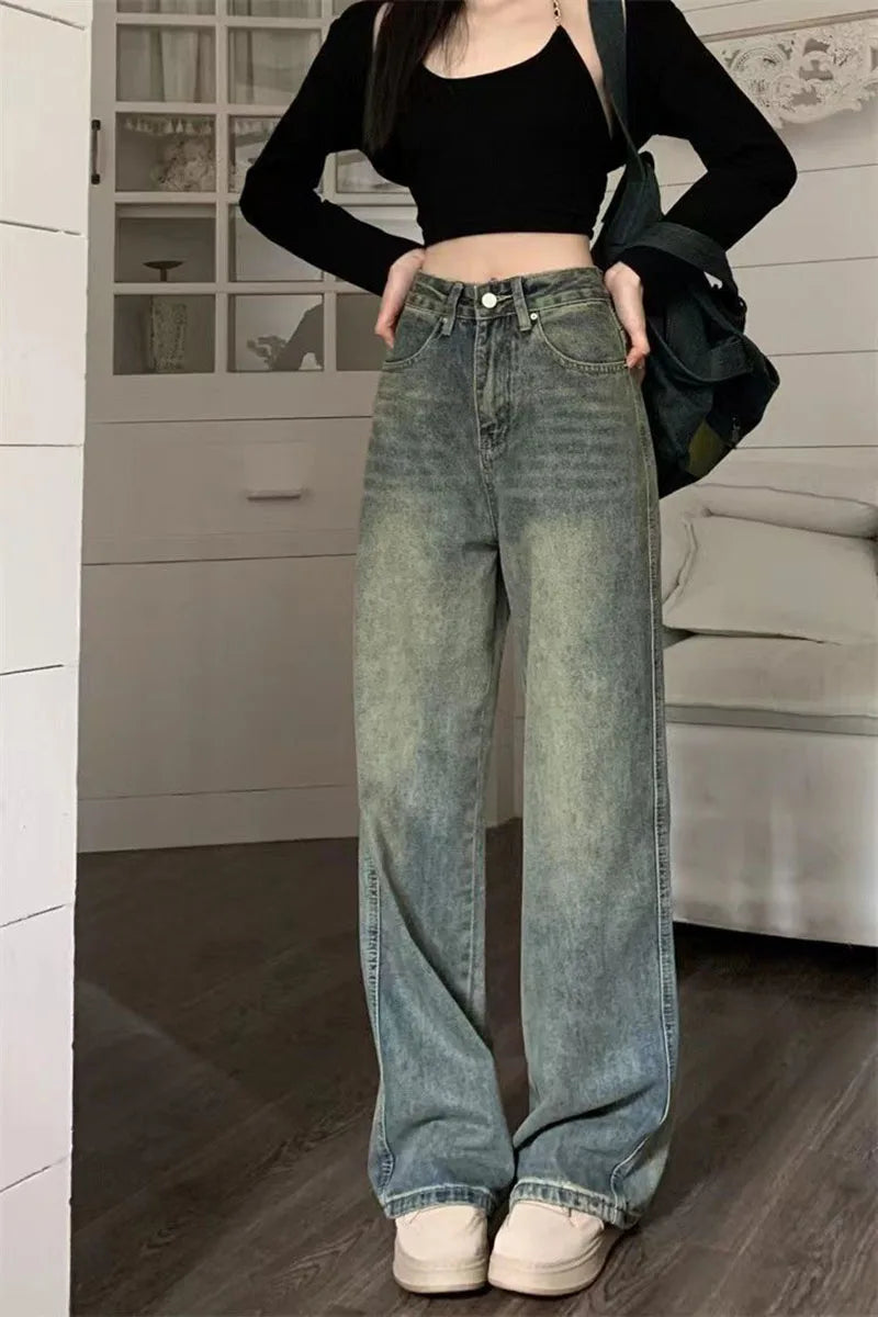 Vintage Baggy Straight Denim Trousers Y2K High Waist Loose Wide Leg Jeans Women Streetwear All-Match Casual Pants - The Clothing Company Sydney