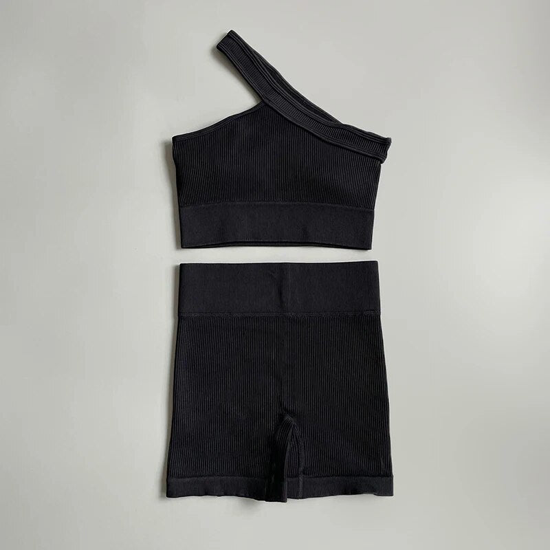 2 Piece Seamless Women Sport Suit Fitness One Shoulder Yoga Set Push Up Bra Workout Gym Shorts Running Clothing Sportswear Tracksuit The Clothing Company Sydney