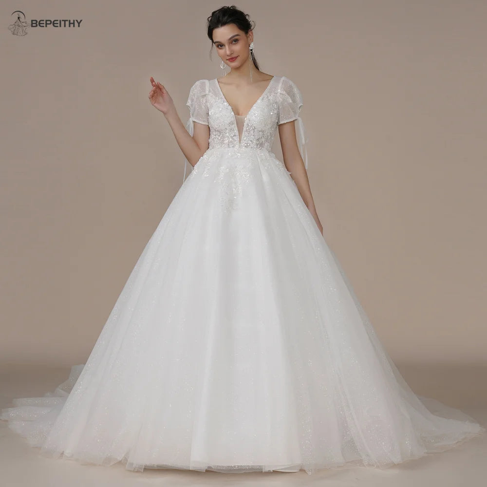 Princess Strapless Ivory Glitter Wedding Dresses Court Train Bride 3D Flower Romantic Shinny Bridal Gown The Clothing Company Sydney