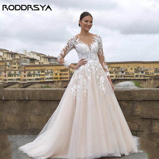 O-Neck Long Sleeves A-Line Tulle Illusion Back Bride Gowns Applique Custom Made Elegant Wedding Dress The Clothing Company Sydney