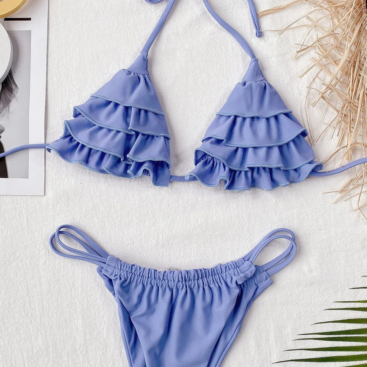 2 Piece Women's Swimsuit Pleated Ruffle Halter Double Ropes Bikinis Set Bathing Suit Swimwear The Clothing Company Sydney