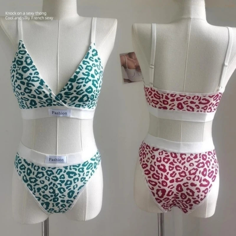 Women's Seamless Bra Set Leopard V-neck Brassieres and Low Rise Panties Lingerie Sport Bra Top Female Cotton Underwear Set - The Clothing Company Sydney