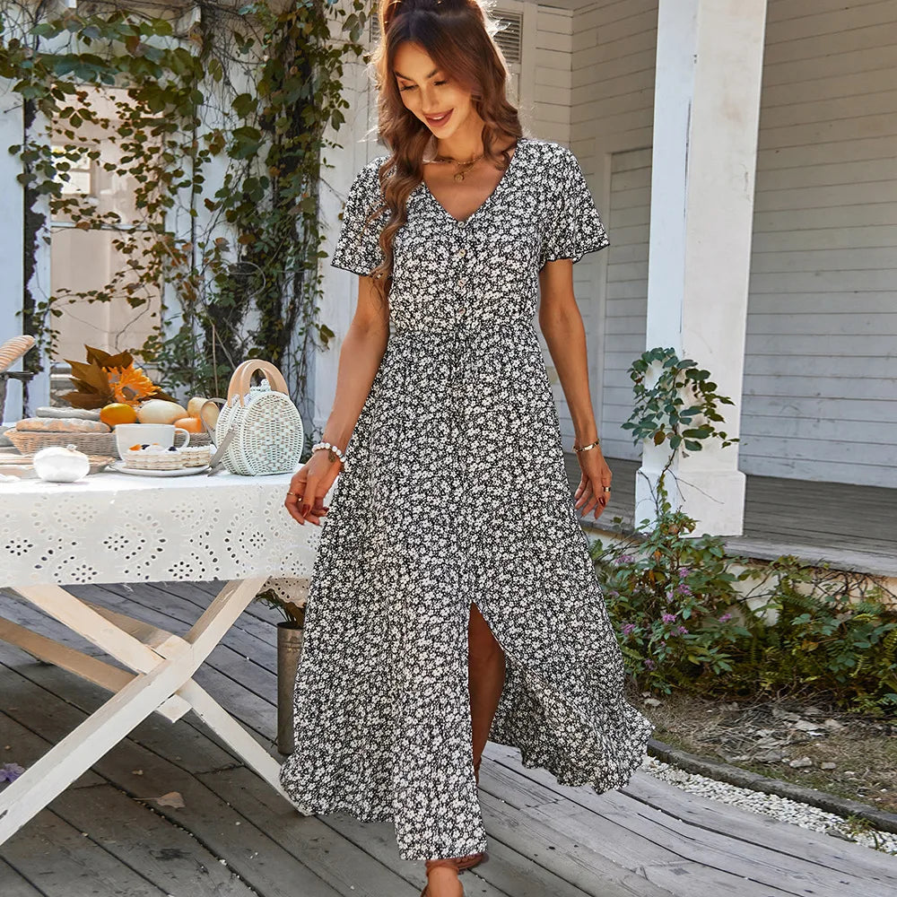 Vintage Floral Dresses for Women Elegant Loose Slit Summer Beach Holiday Leisure Long High Waist Print Dress - The Clothing Company Sydney