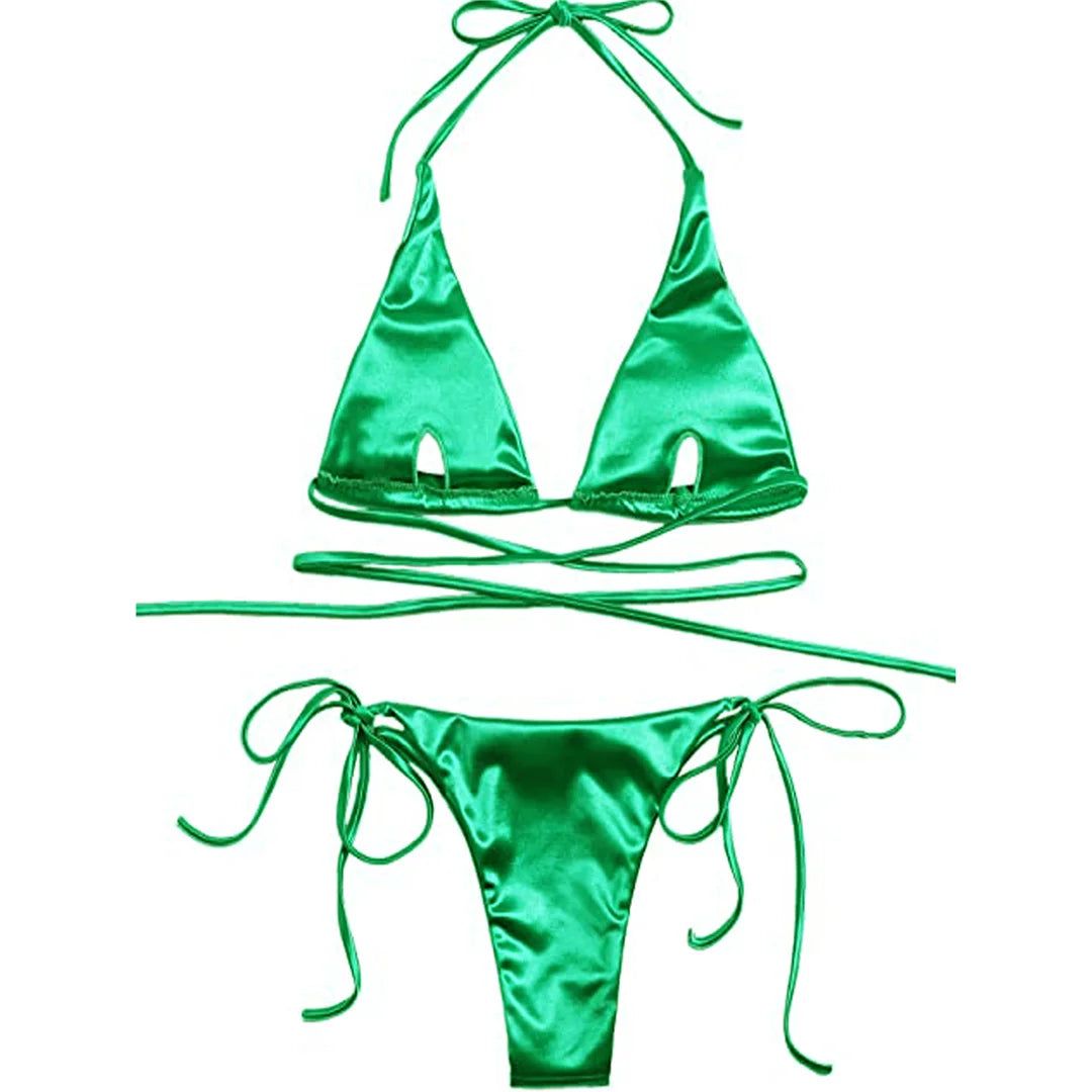 2 Piece Halter Satin Brazilian Bikini Swimwear Swimsuit Two piece Bikini set Bather Bathing Suit - The Clothing Company Sydney