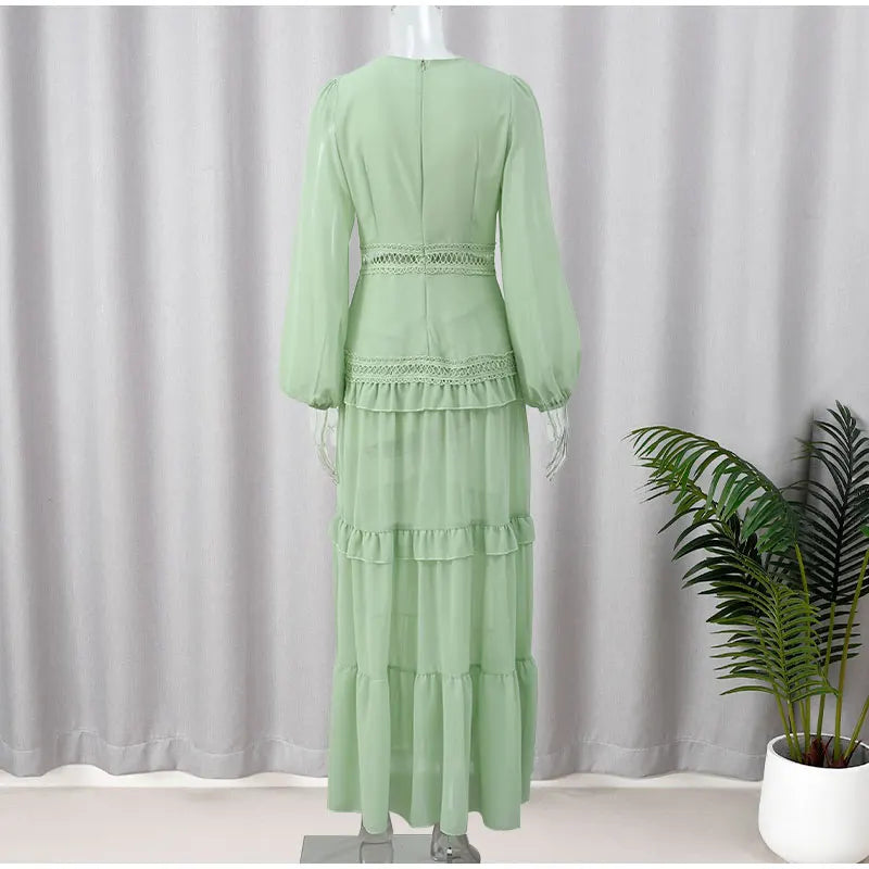 Women V-neck Lantern Long Sleeves Maxi Dress Elegant Patchwork Ruffles Hollow Lace Slim Summer Dress - The Clothing Company Sydney
