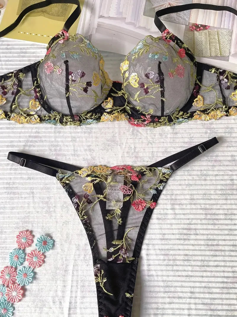 Yimunancy Floral Embroidery Lingerie Set Women Sheer 2-Piece Boho Bra + Panty Underwear Set Intimates The Clothing Company Sydney