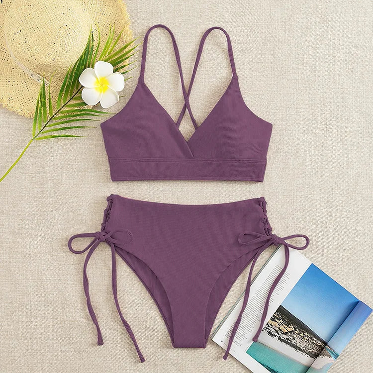 V-Neck Split Bikini Set for Women Swimsuit Lace Up Triangular Beach Swimwear Bathing Suit The Clothing Company Sydney