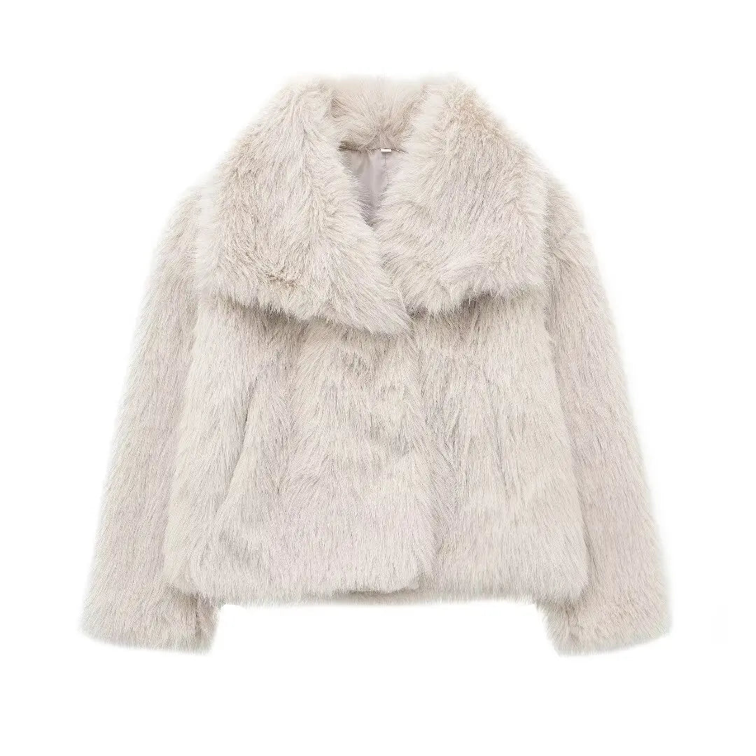 Women's Fashion Cropped Faux Fur Jacket Coat Long Sleeve Front Snap-button Outerwear Chic Lapel Collar Thick Coat The Clothing Company Sydney