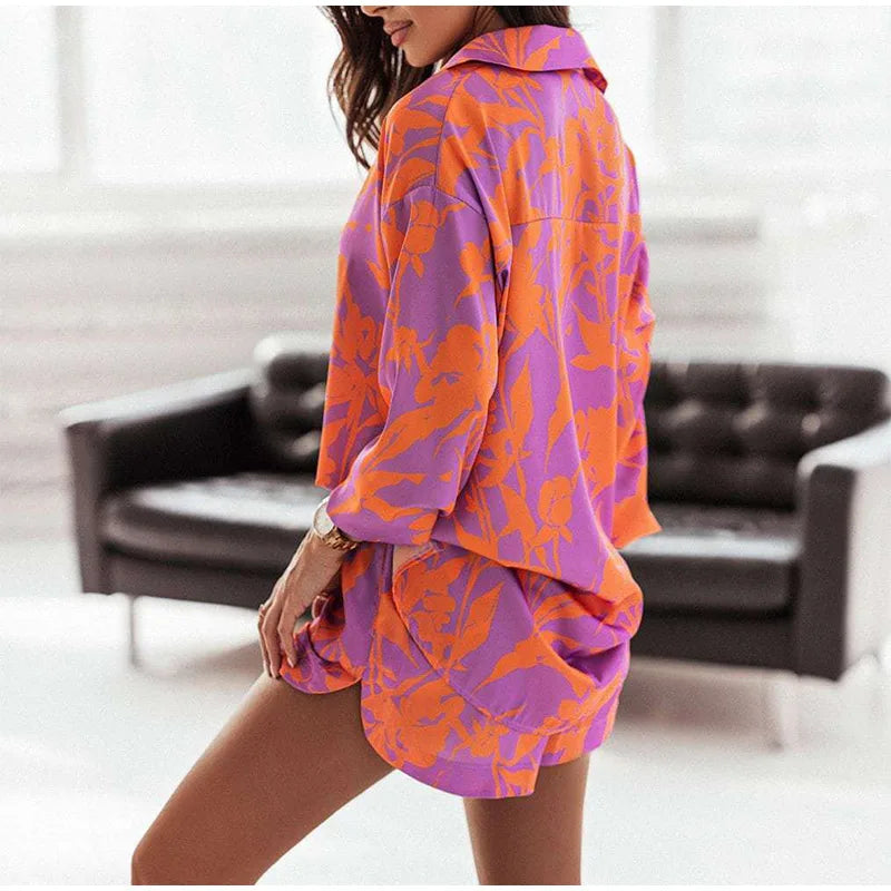 Summer Print Shorts Suits Woman Vintage Long Sleeve Shirt And Short Pants Suit Two Piece Set  Loose Casual Outfit Matching Set - The Clothing Company Sydney