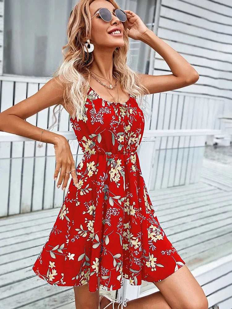 Floral Print Short Dress Women Summer Backless Beach Sundress Casual Sleeveless Lace-up Dresses - The Clothing Company Sydney