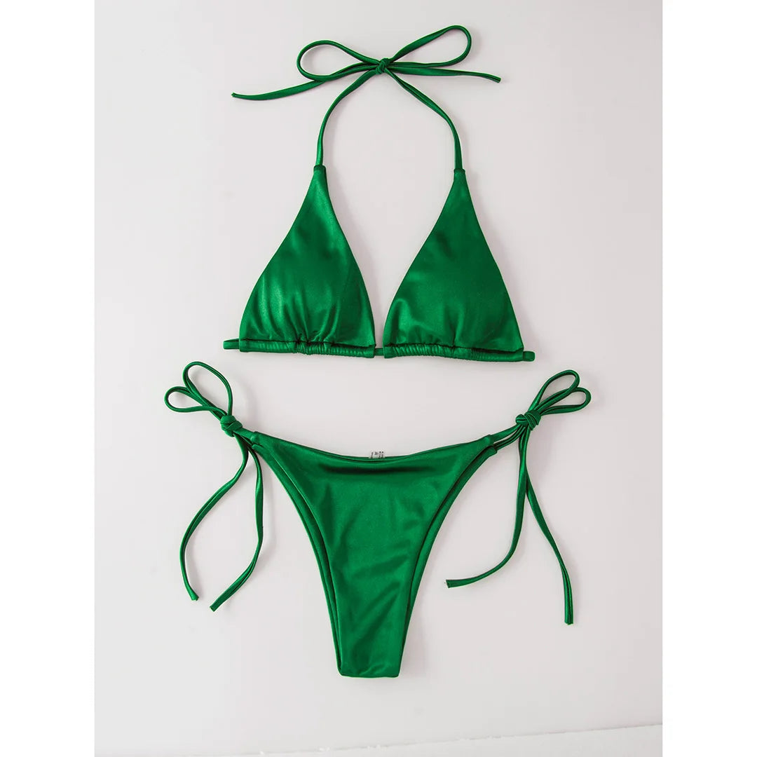 Halter Satin Brazilian Bikini Women Swimwear Female Swimsuit Two-piece Bikini set Bather Bathing Suit The Clothing Company Sydney