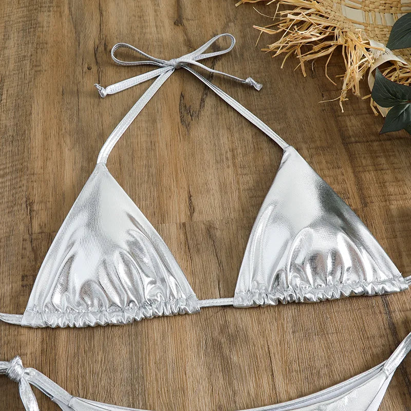 2 Piece Shiny Triangle Micro Thong Bikinis Sets Swimsuit Mini Swimwear Bathing Swiming Suits - The Clothing Company Sydney