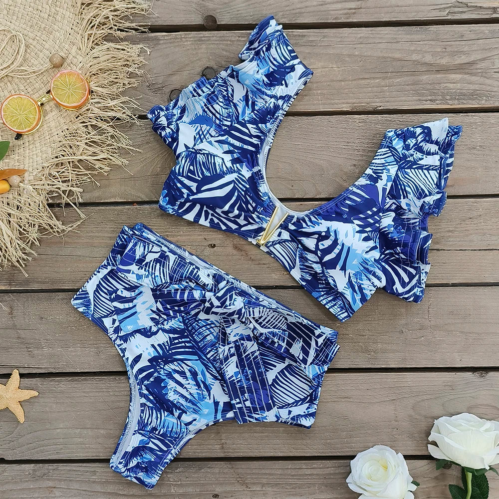 V-Neck High Waist Bikini Sets Shoulder Ruffled Printed Swimsuit Two Piece Swimwear Bathing Suits The Clothing Company Sydney