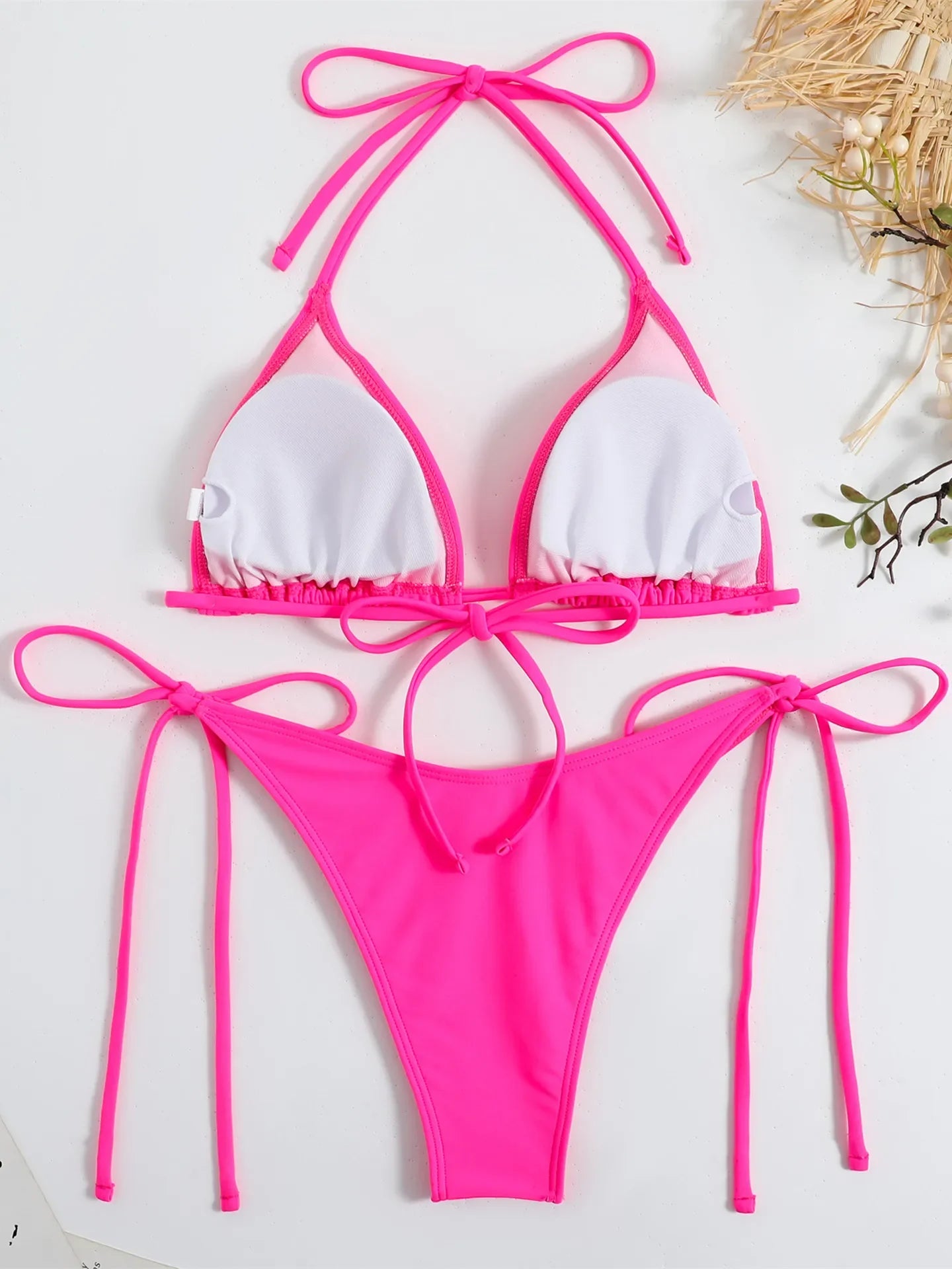 2 Piece Brown Bikini Red Halter Push Up Bra Tie Side Triangle Swimsuit Summer Bathing Suit Lace Up Micro Swimwear - The Clothing Company Sydney