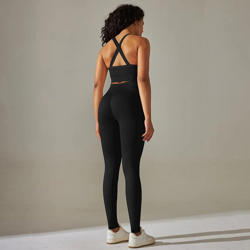 Cross Back Strap Yoga Set Women High Waist Leggings Running Workout Suits Sportswear Seamless Fitness Clothes Tracksuit Set - The Clothing Company Sydney