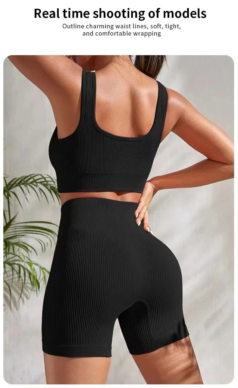 2 Piece Ribbed Yoga Sports Women Seamless Crop Top Bra Shorts Yoga Set Elastic Sportsuit Workout Outfit Fitness Gym Clothes The Clothing Company Sydney