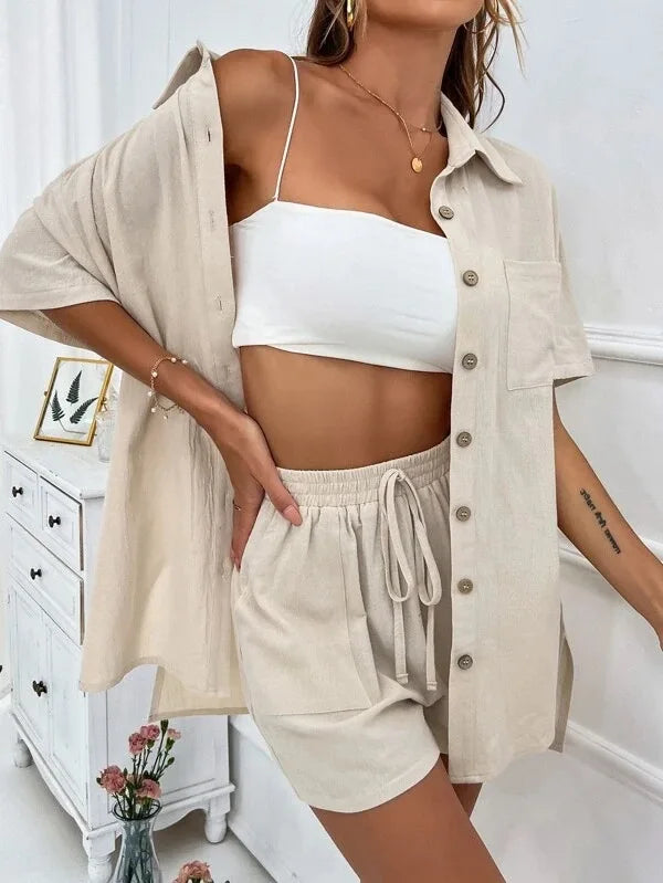 Casual Loose Single-breasted Top And Drawstring Shorts Set Fashion Ladies Suits Summer 2 Piece Set  Matching Outfits - The Clothing Company Sydney