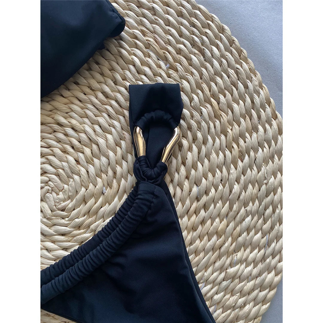 Bandeau High Leg Cut Metal Rings Bikini Swimsuit Swimwear Two-pieces Bikini set Bather Bathing Suit - The Clothing Company Sydney