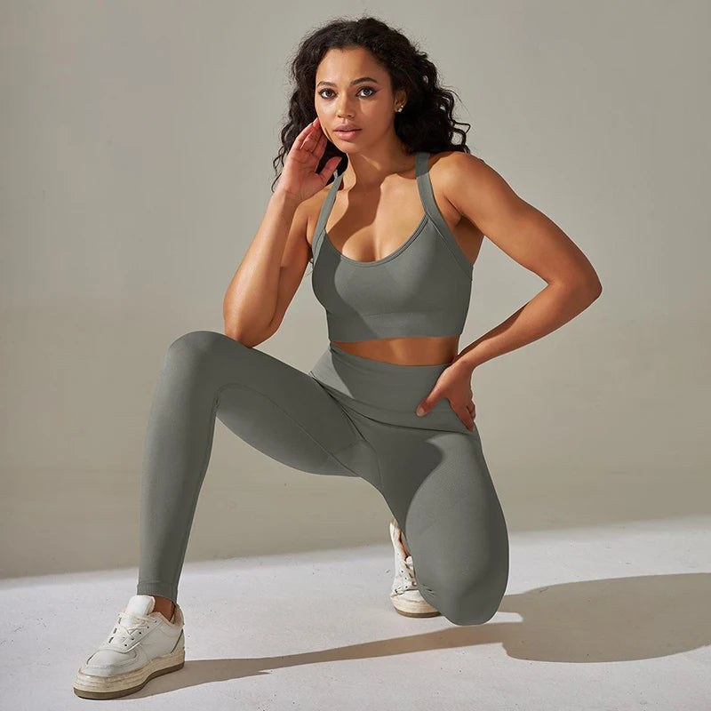 Cross Back Strap Yoga Set Women High Waist Leggings Running Workout Suits Sportswear Seamless Fitness Clothes Tracksuit Set - The Clothing Company Sydney
