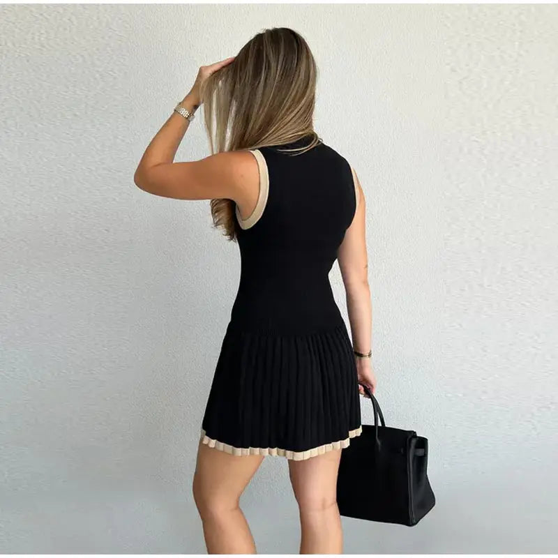 Women's Knitted O-neck Mini Dress Elegant Sleeveless High Waist Pleated Dresses - The Clothing Company Sydney