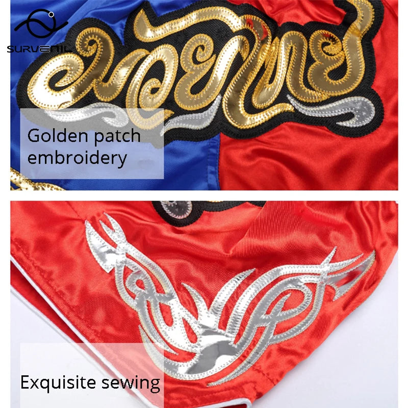 Muay Thai Shorts Men's Women's Boxing Shorts Child Embroidery Satin Kickboxing Pants Combat Grappling Cage Fighting MMA Shorts - The Clothing Company Sydney