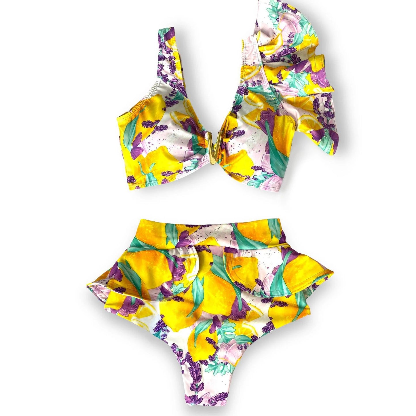 V-Neck High Waist Bikini Sets Shoulder Ruffled Printed Swimsuit Two Piece Swimwear Bathing Suits The Clothing Company Sydney