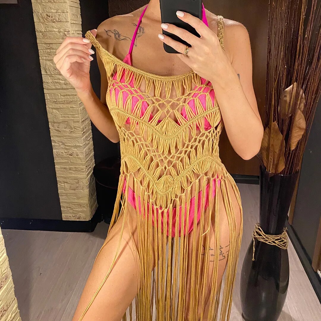 Hollow Out Fringe Tassel Knitted Crochet Tunic Beach Cover Up Cover-ups Beach Dress Beach Wear Beachwear The Clothing Company Sydney