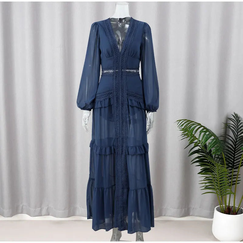 Women V-neck Lantern Long Sleeves Maxi Dress Elegant Patchwork Ruffles Hollow Lace Slim Summer Dress - The Clothing Company Sydney
