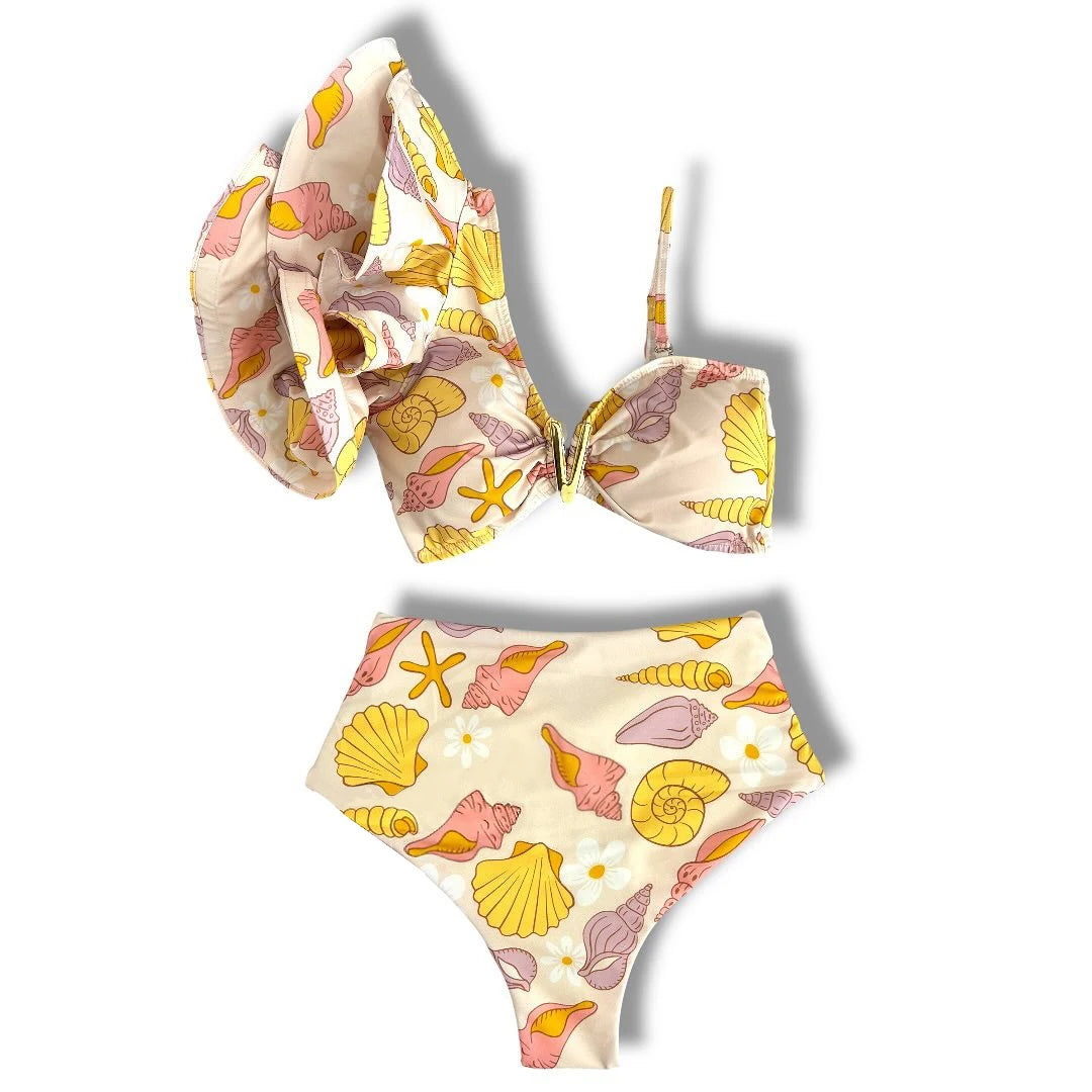 V-Neck High Waist Bikini Sets Shoulder Ruffled Printed Swimsuit Two Piece Swimwear Bathing Suits The Clothing Company Sydney