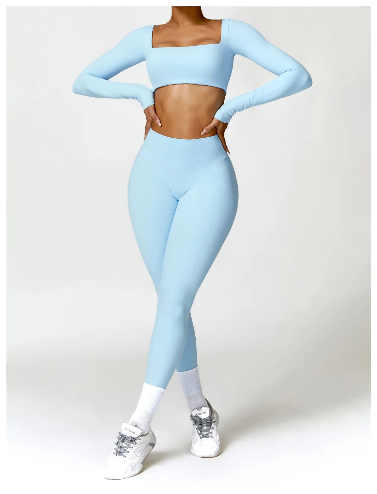 2 Piece Long Sleeve Gym Set Women Yoga Clothes Quick-Drying Sportswear Running Leggings Workout Sports Crop Top Shorts - The Clothing Company Sydney
