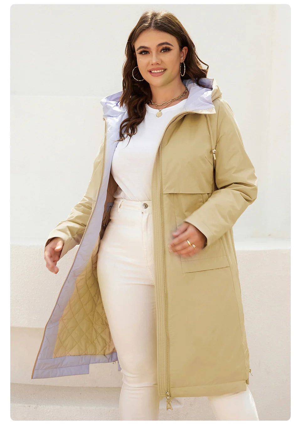 Women's jacket spring zipper long trench hooded outwear parka coat - The Clothing Company Sydney