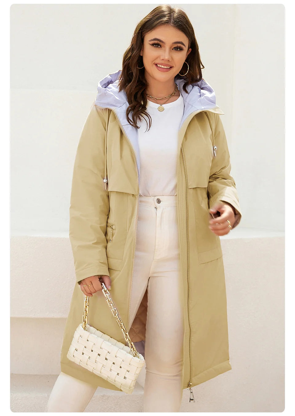 Women's jacket spring zipper long trench hooded outwear parka coat - The Clothing Company Sydney