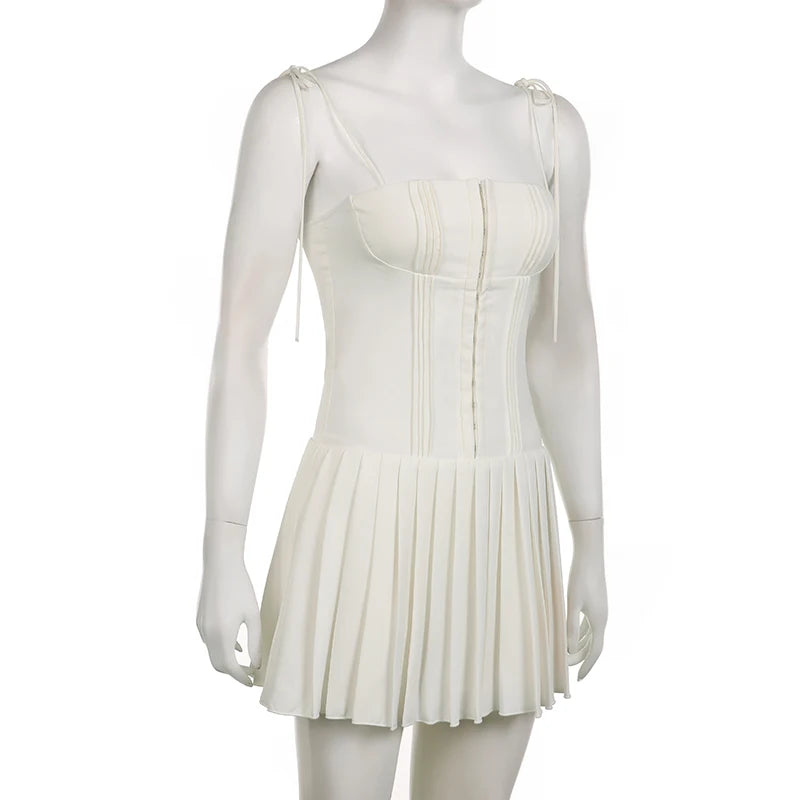 Fashion Chic Fold White Pleated Dress Mini Pins Up Birthday Party Sundress Strappy Corset Summer Dress - The Clothing Company Sydney