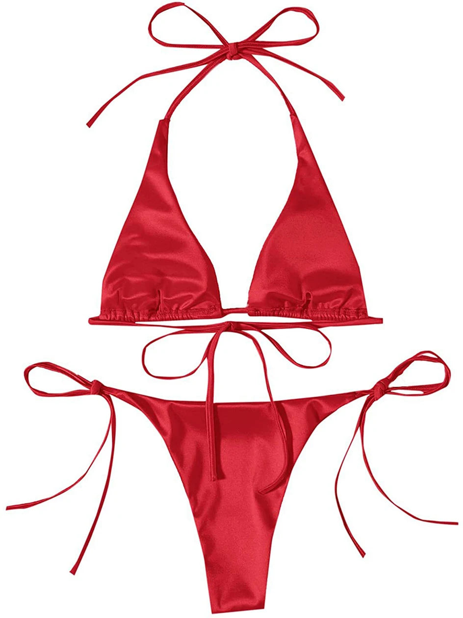 Metallic Halter Triangle Swimsuit Women Swimwear Bathing Suits Brazilian Thong Micro Bikinis Set Beach Wear