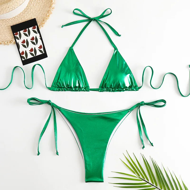 2 Piece Shiny Triangle Micro Thong Bikinis Sets Swimsuit Mini Swimwear Bathing Swiming Suits - The Clothing Company Sydney