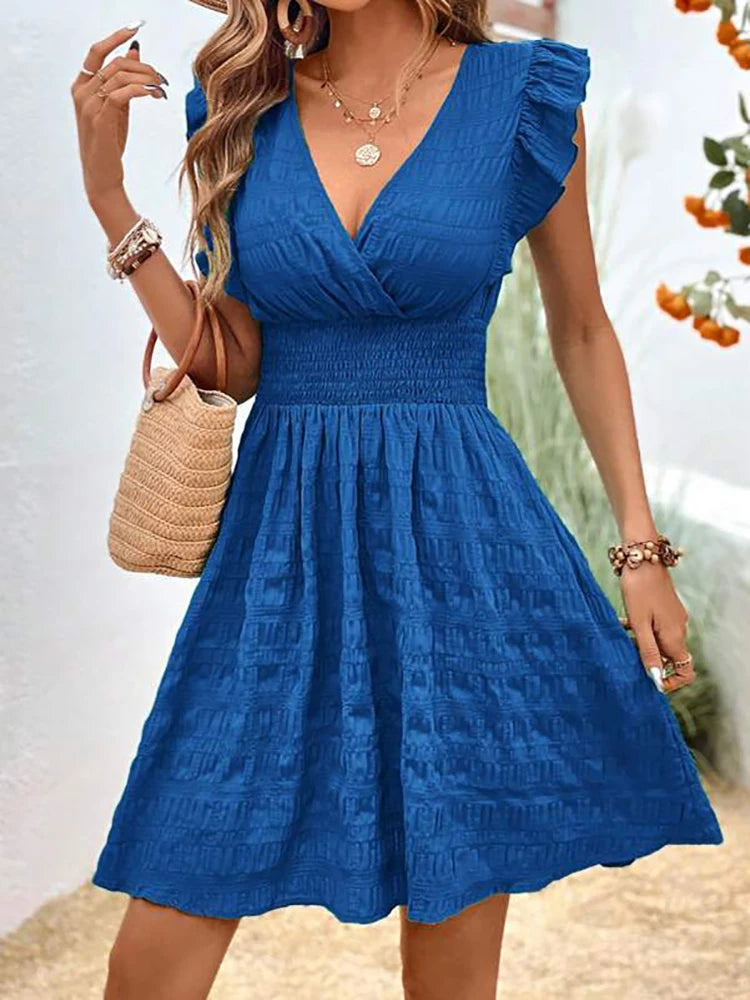 Elegant Short Summer Casual Slim Red Sleeveless Holiday Beach Dress Fashion V Neck A-line Dresses - The Clothing Company Sydney