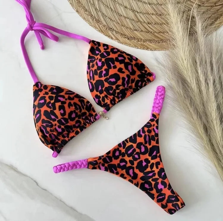 Women's Braided rope Micro Bikinis Swimsuit Leopard Print Beach Bathing Suit - The Clothing Company Sydney