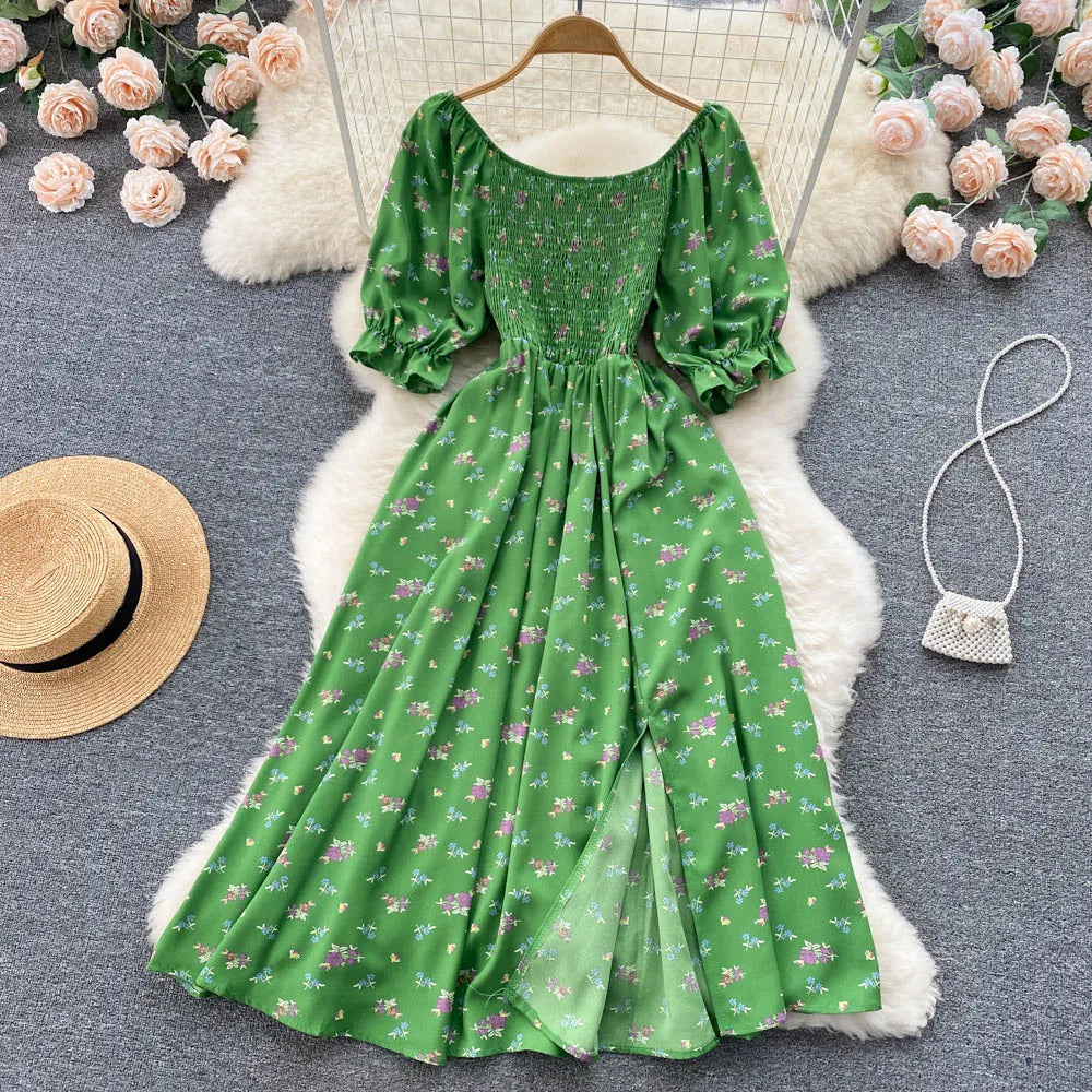 Women's Fashion Romantic Floral Print Split Long Summer Dress Puff Sleeve Party Dress - The Clothing Company Sydney